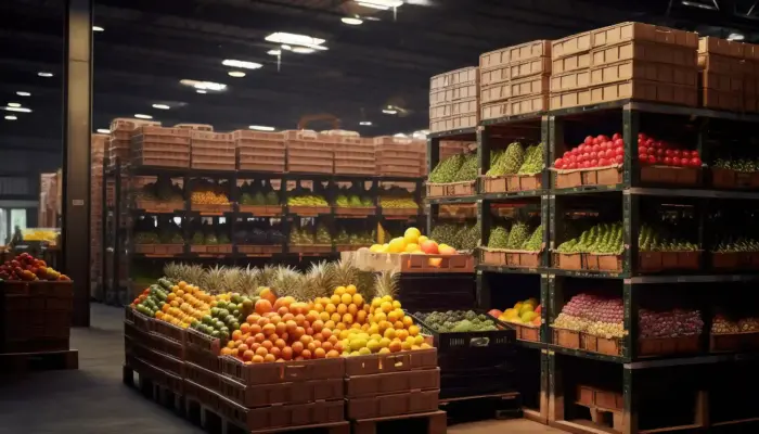 Lagerhalle mit Lebensmitteln Lagerhaus mit Früchten