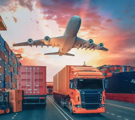 Logistik LKW und Flugzeug in Hafen